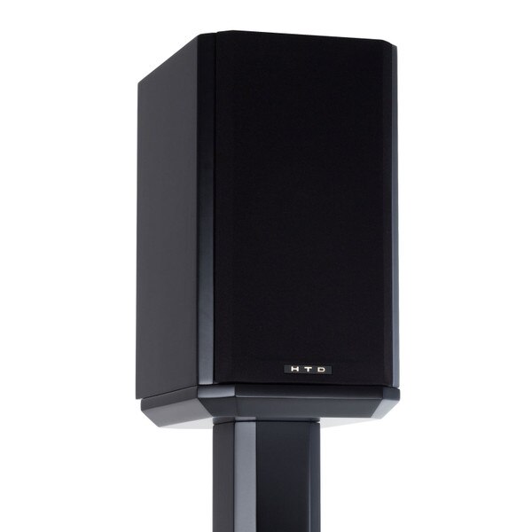 Level Two Bookshelf Cabinet Speaker - black - on top of a speaker stand