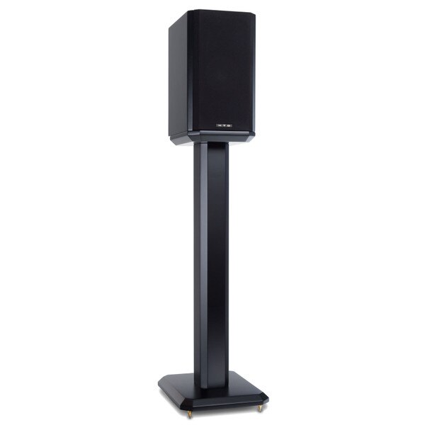 Level Two Bookshelf Cabinet Speaker - black - on top of a black speaker stand - full view