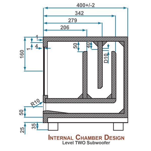Level Two Powered Subwoofer - dimensional interior diagram